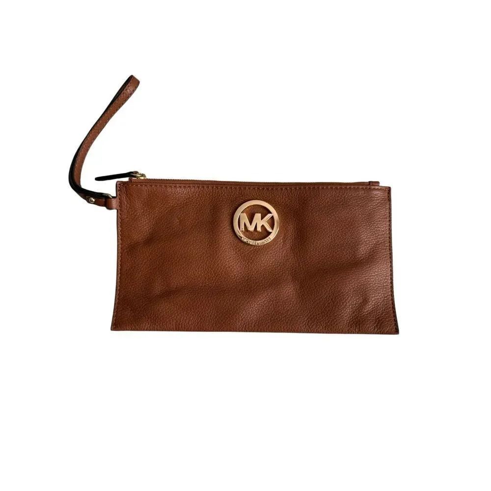 Michael Kors Womens Brown Fulton Pebbled Leather Zip Clutch Wristlet Size Large - Picture 5 of 9